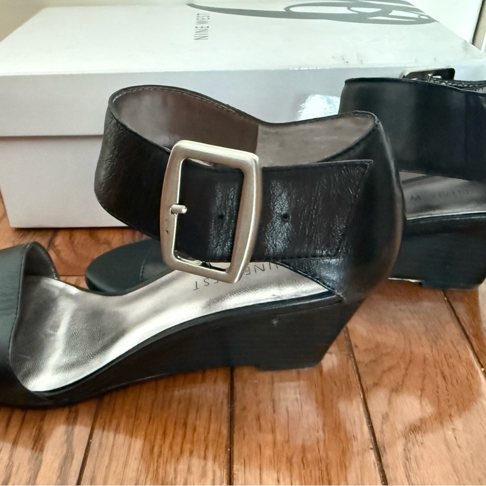 Nine West Black Leather Wedge Sandals with Buckle Accent - Picture 8 of 8